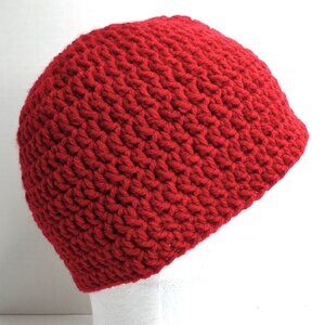 Red Skull Cap OS Men Women Winter Hat Handmade Crochet Thick Hand Knit Warm